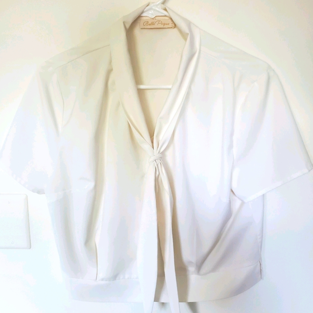 Ivory Cropped Button Up Tie Neck Blouse